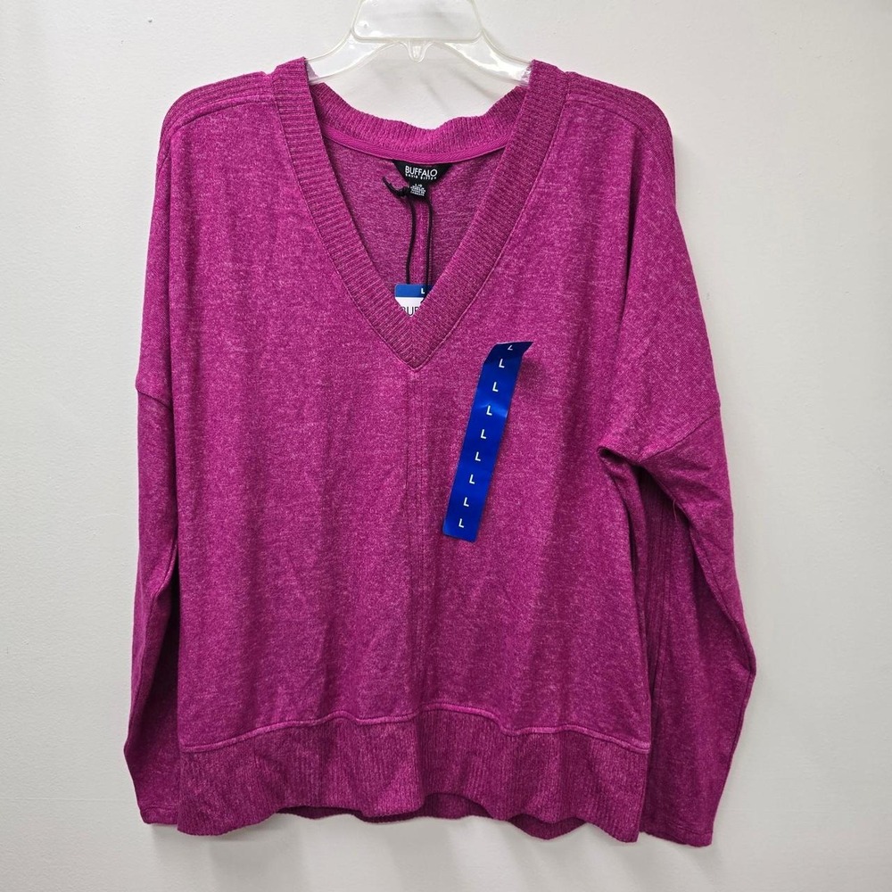 Buffalo David Bitton Womens Pink Solid Knit V-Neck Pullover Sweater L